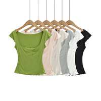 Haut léger, respirant et extensible à col en V sexy, à manches courtes et volants, pour adultes, séchage rapide, en Spandex/Coton, coupe ajustée