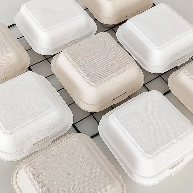 Cajas de pastel de hamburguesa personalizadas biodegradables, caja fresca de cartón desechable, contenedor de comida de bagazo, vajilla desechable