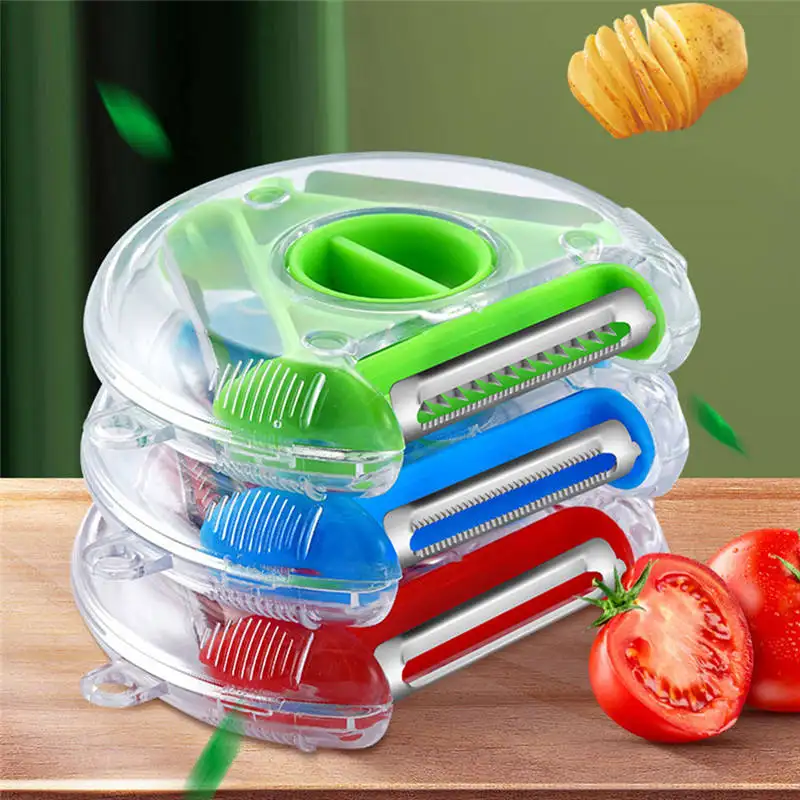 Hot sale 3 IN 1 Rotary Round Vegetable Fruit Peeler Tool Multi- Functional Magic Trio Fruit Peeler With Stainless Steel Blade