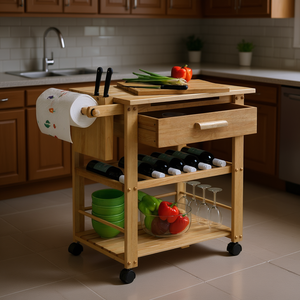 Carrito de cocina de madera con 1 cajón y 3 estantes, almacenamiento portátil para cocinar y servir - Product Image 2