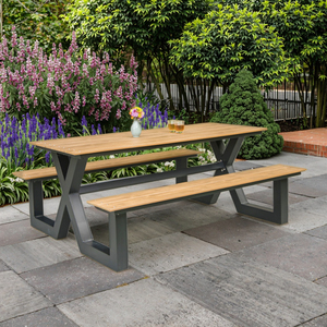 Wholesale Picnic <b>Table</b> Wood Aluminum Garden <b>Table</b> Metal Frame Matched <b>Plastic</b> Wood Slats <b>Table</b> Set Urban Furniture WTC023 Wholes - Product Image 1