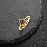 Bague de projection photo discrète « Je t'aime » en 100 langues, tête de chat, ouverte et ajustable, en or rose et zircon, cadeau pour maman de chat