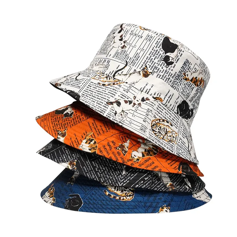 Spring Summer Panama Bucket Hats Animal Cat Letter Fisherman Hat Men Women Bucket Cap