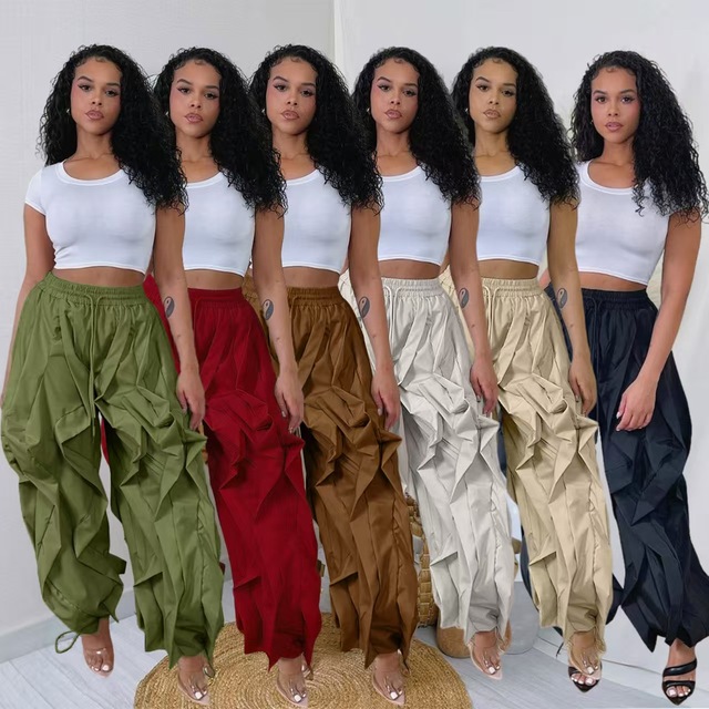 2026 Fashion Unique Streetwear Casual Sport Drawstring Hip Hop Ruffle Cargo Pants Ladies Breathable Wide Leg Loose Style
