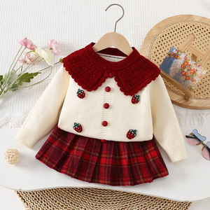 Ensemble Automne Nouveauté 2025 pour Fille : Cardigan en Maille Rouge, Pull à Col <span class=keywords><strong>Fraise</strong></span> et Jupe à Carreaux - Product Image 2