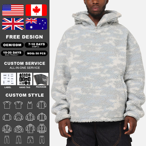 Men's Oversized Sherpa Fleece Hoodie <b>Zipped</b> <b>Hood</b> High Neck Pullover Warm Winter Streetwear Embroidered Custom Logo 100% - Product Image 2
