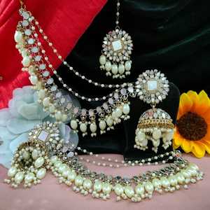 Exquisite Handcrafted Kundan and Pearl Bridal Jewelry Set with Traditional Maang Tikka and Jhumka Earrings - Product Image 1