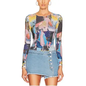 디지털 프린트 섹시 블라우스에 메쉬 긴 소매 패션 셔츠 여성의 도매 맞춤 여름 새로운 도착