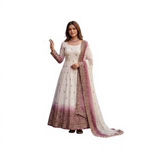 Traje Anarkali de Seda Blanca con Relieve para Mujer, Largo Regular, con Dupatta Rosa, Ropa Tradicional India y Pakistaní para Bodas, de Secado Rápido - Product Image 1