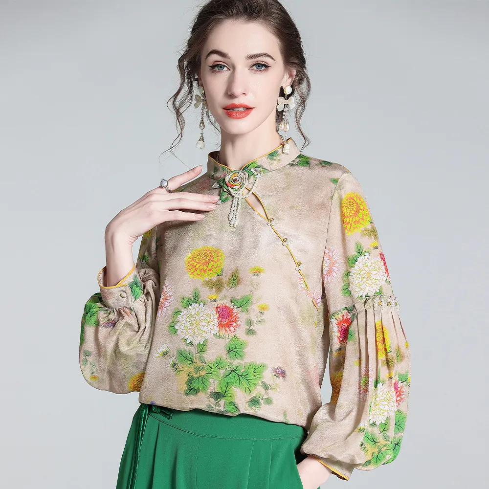 Bluse im chinesischen Stil Verbesserte Cheong sam Damen Seiden bluse Puff ärmel Bluse Tops