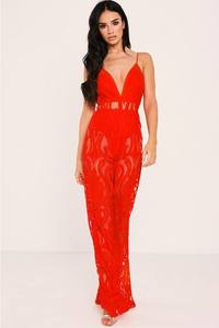 C1074 Migugarment Ingrosso 2025 Nuova Moda <span class=keywords><strong>Tuta</strong></span> Lunga <span class=keywords><strong>in</strong></span> <span class=keywords><strong>Pizzo</strong></span> Rosso di Marca Celebre, Design <span class=keywords><strong>in</strong></span> Rete Rossa Disponibile - Product Image 4