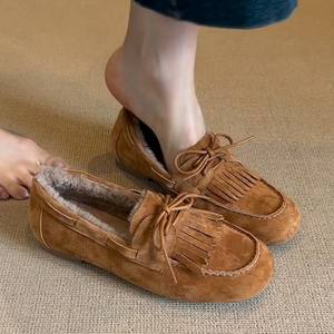 Chaussures décontractées vintage en cuir véritable de mouton pour femmes, style européen, doublure polaire, à pampilles givrées, à lacets, bout rond, plates, à enfiler - Product Image 2