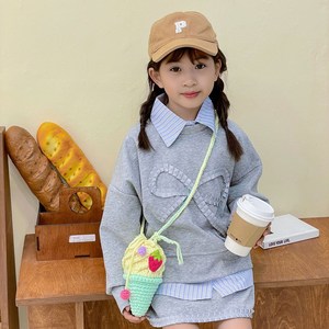 Borsa a tracolla in maglia per bambina, mini borsa <span class=keywords><strong>all</strong></span>'<span class=keywords><strong>uncinetto</strong></span> con catene, fiori di perle e chiusura a cordoncino, motivo cartone animato simpatico con coni gelato - Product Image 2