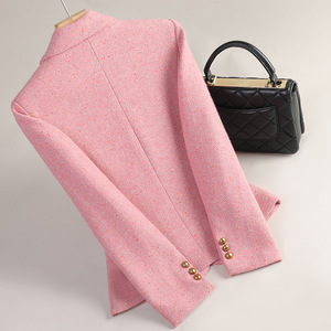 Pink Wool Blazer Women Houndstooth Pattern Single Button Casual Suit Jacket Spring Autumn Wear - Product Image 4