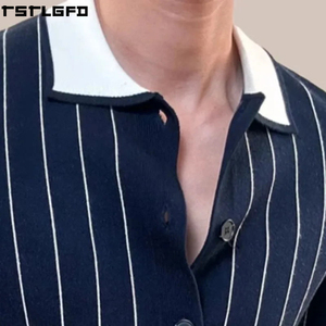 Cardigan en tricot rayé coupé-cousu pour homme, bleu marine et blanc, col contrastant, boutonné, style streetwear, pulls pour hommes, vente en gros pour fabricants - Product Image 4