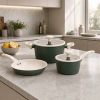 Lot de 5 ustensiles de cuisson modernes en céramique verte, revêtement antiadhésif, casseroles et poêles en aluminium à induction avec couvercles en verre et silicone – Vente en gros usine