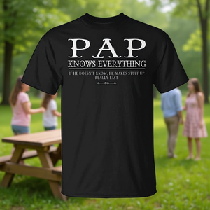 Pap Knows Everything T-Shirt noir à manches courtes et col rond en coton unisexe pour adulte, cadeau pour réunion de famille - Product Image 3