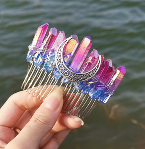 Peine para el cabello <span class=keywords><strong>de</strong></span> 20 <span class=keywords><strong>dientes</strong></span> <span class=keywords><strong>de</strong></span> plata antigua mixta, cristales coloridos, bruja Wicca, Luna Dorada, accesorios para decoración del cabello, peines - Product Image 6