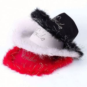 Chapeaux Fedora en feutre poly-coton en gros, en stock, blancs, pour mariage, fête, bordure en plumes brillantes, style pêcheur - Product Image 1