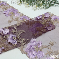 Dentelle en tulle brodée douce de 26 cm, bleu et violet, avec grandes fleurs, pour sous-vêtements, fournie par l'usine chinoise