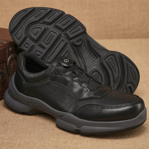 Men's Cow Leather Walking Shoes <b>Round</b> <b>Toe</b> Rubber Outsole Cushioned Low <b>Heel</b> Solid Color Mesh Lining Rotating Buckle Design - Product Image 3
