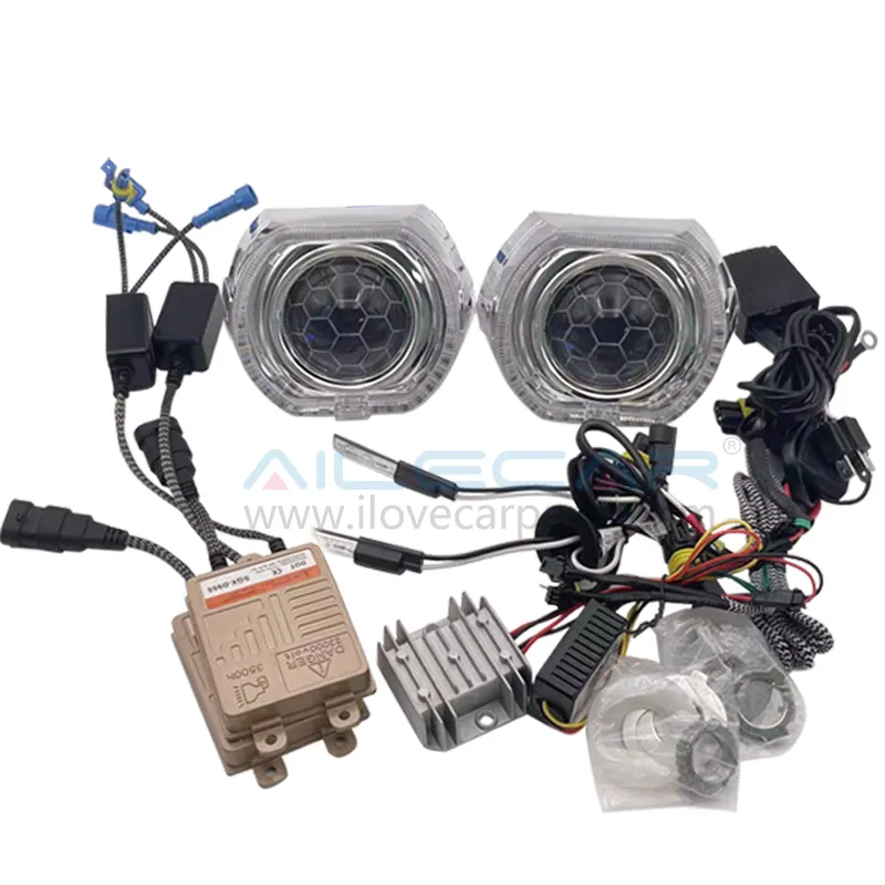 Ailecar lente de projetor 3 polegadas, com kit de montagem completa hid, led rgbw, perseguição x, sistema de luz de carro