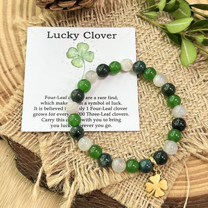 Gaya Boho empat daun semanggi liontin 8mm batu akik putih alami & lumut batu akik manik-manik beruntung gelang untuk wanita - Product Image 1