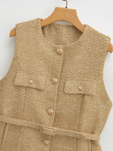 8 Colorway Crew Neck Button up Sashes Casual Fashion <strong>Tweed</strong> Vest <strong>Waistcoat</strong> for <strong>Women</strong> - Product Image 4