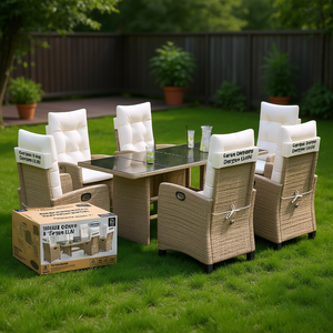 Set da Pranzo da Giardino in Rattan Beige per 6 Persone, Resistente alle Intemperie, Arredamento da Esterno in Stile Contemporaneo - Product Image 2