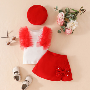 Produttore di abbigliamento estivo nuova ragazza senza maniche maglia Pit Strip Top + gonna a fiocco Set tre pezzi - Product Image 5