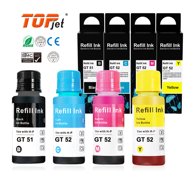Topjet Compatible GT51 GT 51 52 53 53XL GT52 GT53 GT53XL Black Bottle Water Based Refill Ink Tinta for HP 415 5810 Printer