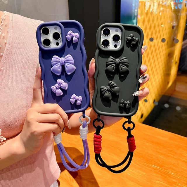 NEW 3D Colorful Handmade Bowknot Frosted Phone case for iPhone 16 15 14 13 Pro Max with Color Clash Braided Hand Cord Cover