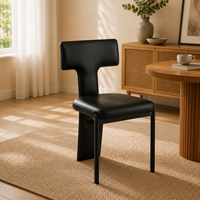 Chaise de salle à manger moderne et écologique en cuir noir rembourré avec dossier en forme de T et pieds en métal