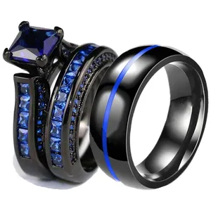 Dark Blue Zircon Couple Ring Wedding Ring Set for Couples