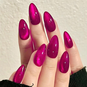 30 faux ongles en amande rouge rose, yeux de chat, simples, manucure DIY, ongles à presser, brillants, autocollants, faux patchs pour femmes - Product Image 1