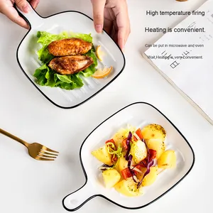 Plat de cuisson minimaliste en céramique <span class=keywords><strong>blanche</strong></span> avec poignée, plat à steak côtelé moderne, plat de cuisson carré pour la cuisine et la table à manger - Product Image 3