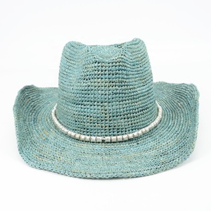 Chapeau de cowgirl turquoise au crochet fait à la main avec perles coupe <span class=keywords><strong>paille</strong></span> raphia pour plage fête pêche voyage en plein air usage décontracté - Product Image 1