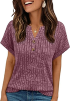 Tunique ample pour femme, col Henley en V, manches courtes, couleur unie, style décontracté chic, idéale printemps-été