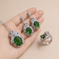 Ensemble de bijoux léopard en cuivre et pierre verte, couleur argent, collier pendentif, bague et boucles d'oreilles pour femme, idéal pour les fêtes