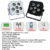 Projecteurs LED RGBWA UV 6-en-1 6x18W, 8800mAh, rechargeables, éclairage de scène, contrôle DMX512, indice de protection IP33, mini lumière DJ sans fil