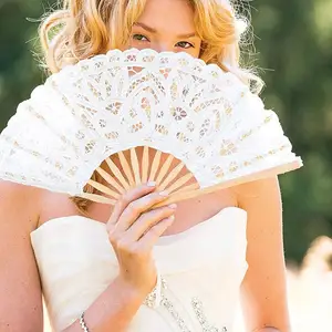 Opvouwbare Handventilator Elegante Katoen Handgemaakte Vintage Retro Fan Womens Witte Kant Fan Voor Bruiloftsballet