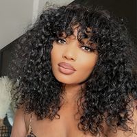 Perruque en cheveux humains sans dentelle, fabriquée à la machine, bouclée avec frange, densité 250%, cheveux humains vierges, perruque en cheveux humains bouclés fabriquée à la machine, sans colle