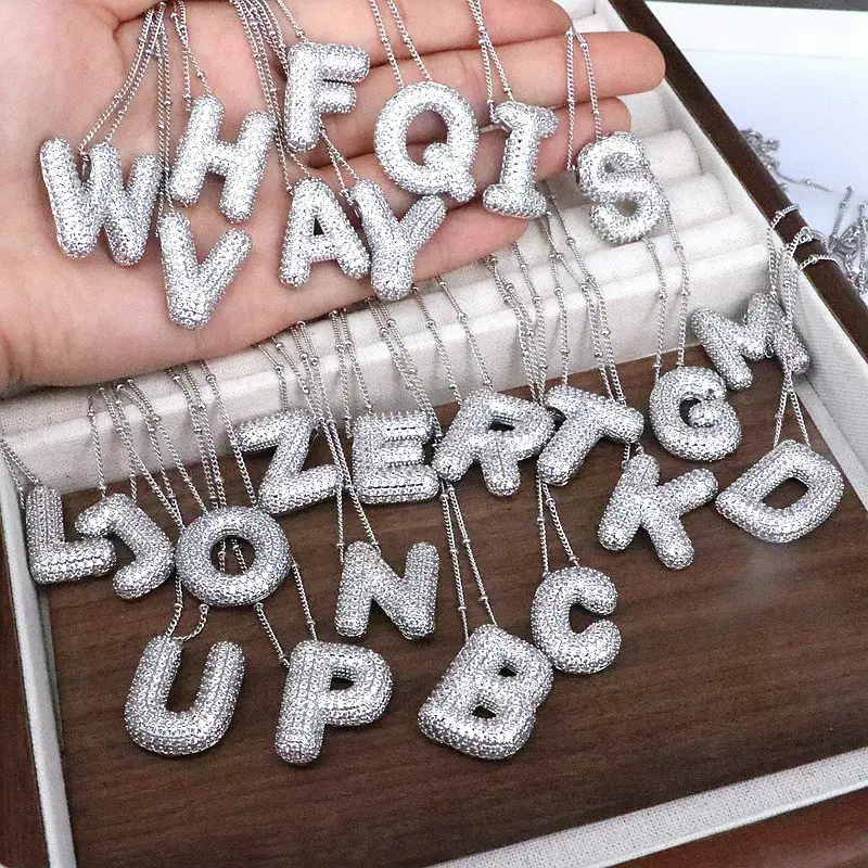 Kalung huruf gemuk Hip Hop tembaga berlapis perak Zirconic perhiasan kalung pasangan pria wanita alfabet balon gelembung awal