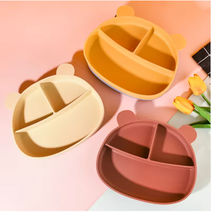 Nouvelle Arrivée Assiette Ours Bébé en <span class=keywords><strong>Silicone</strong></span> Sans BPA avec Ventouse Antidérapante et Compartiments pour Repas de Bébé - Product Image 1