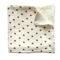 Couverture bébé en mousseline 4 épaisseurs, réversible, imprimé cœurs, bordure pompons, douce, respirante, pour poussette et berceau