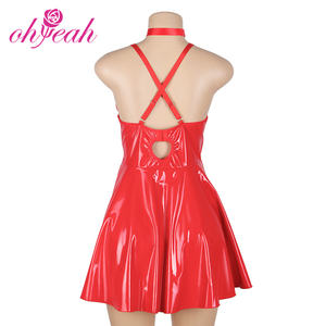 Fetish Fashion Wet Look Faux Leather Nightdress Roleplay Lencería Curve Shine Nightgown Vestidos de cuero para damas - Product Image 4