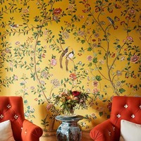 Murale murale personnalisable motif floral Art Déco jaune moutarde avec oiseaux, pivoines et moineaux pour chambre, villa, salon, café