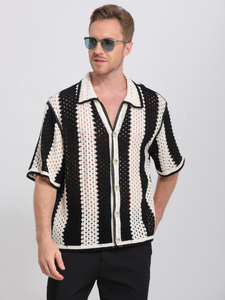 <span class=keywords><strong>Cardigan</strong></span> en tricot <span class=keywords><strong>vintage</strong></span> pour <span class=keywords><strong>homme</strong></span> - Motif floral ajouré au crochet, manches courtes, respirant, décontracté, idéal pour l'été - Product Image 3
