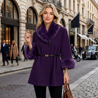 Manteau en laine pour femme OFTBUY, hiver automne, col et poignets en vraie fourrure de renard, avec ceinture, cape double face, manches chauve-souris