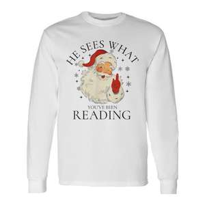 Il voit ce que vous avez lu - T-shirt à manches longues de Noël sur le thème des livres et du Père Noël - Product Image 1